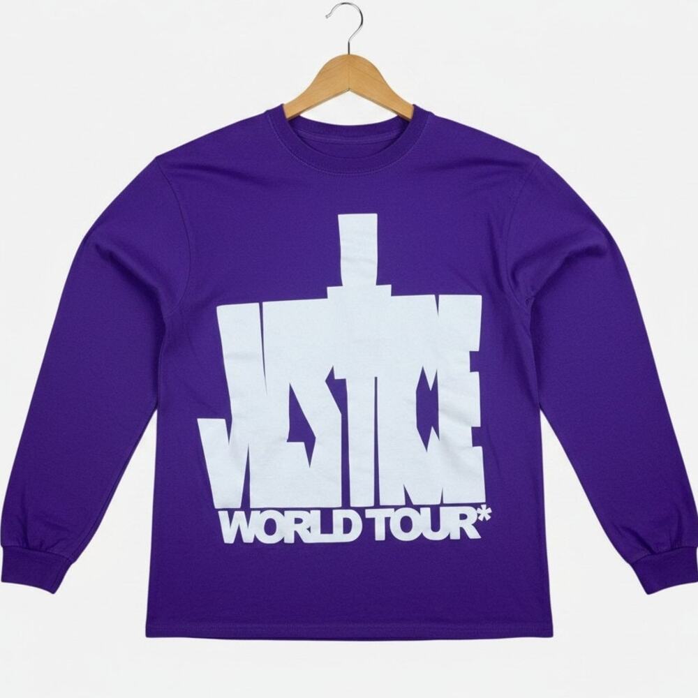 Justin Bieber Justice World Tour Purple Graphic Long Sleeve T-Shirt Men's L EUC